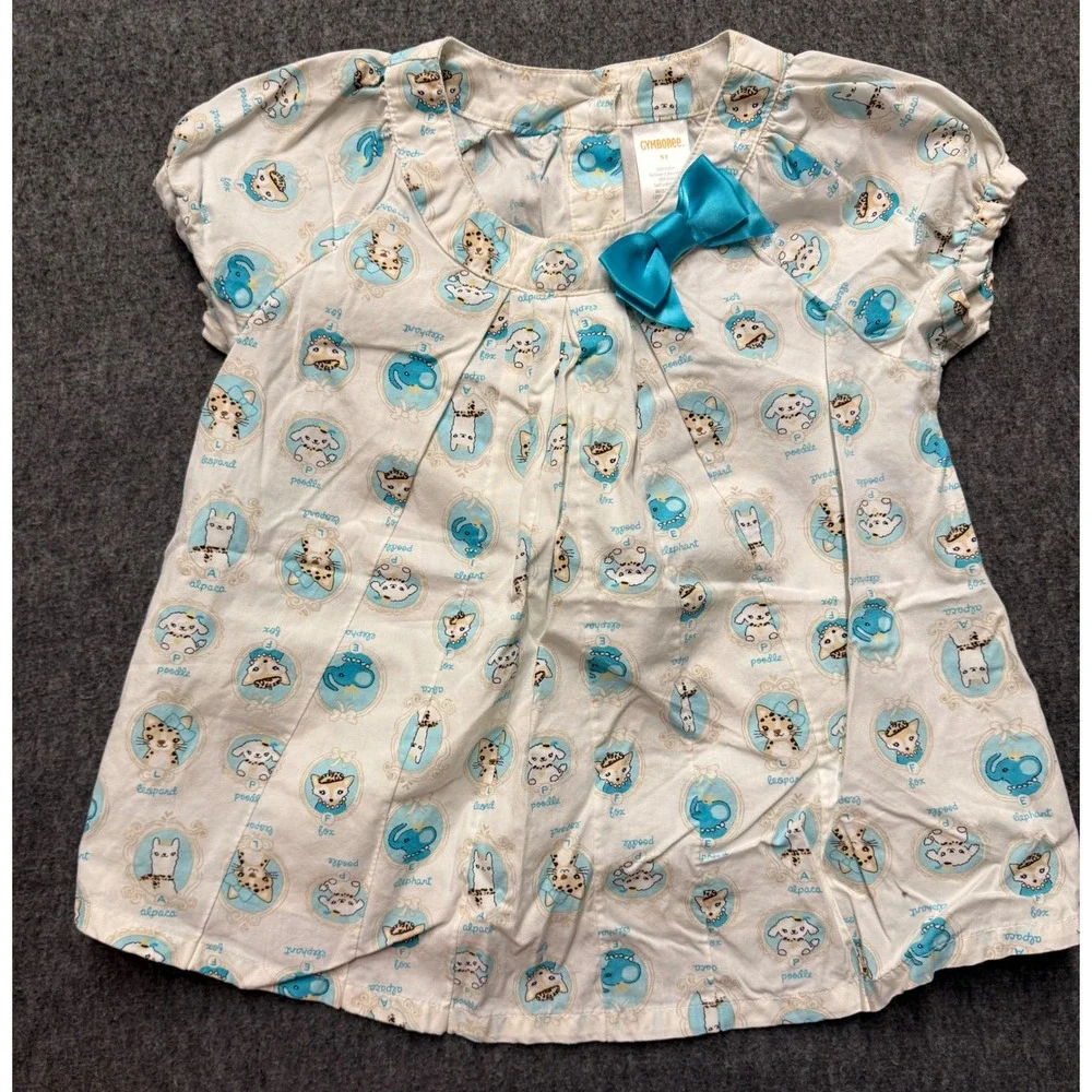 Gymboree 2013 5T Animal Portrait Print Tunic Top White Blue Bow Cotton Pleated